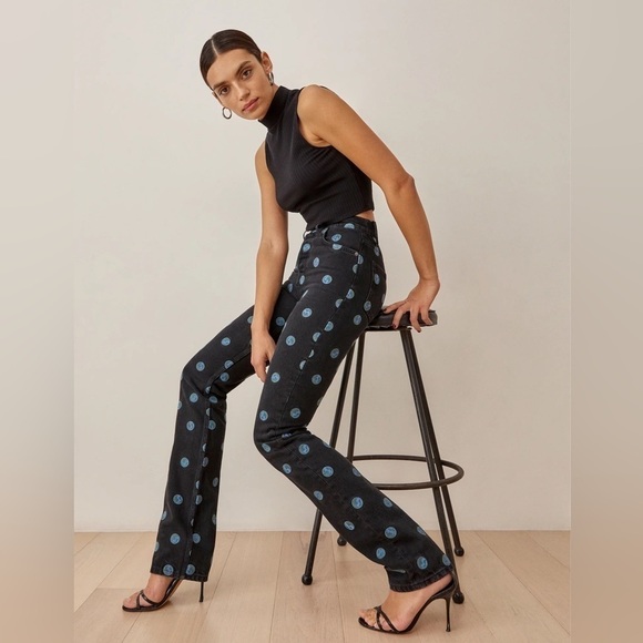 Reformation Black and Blue Polka Dot Straight Leg Jeans - Picture 2 of 11